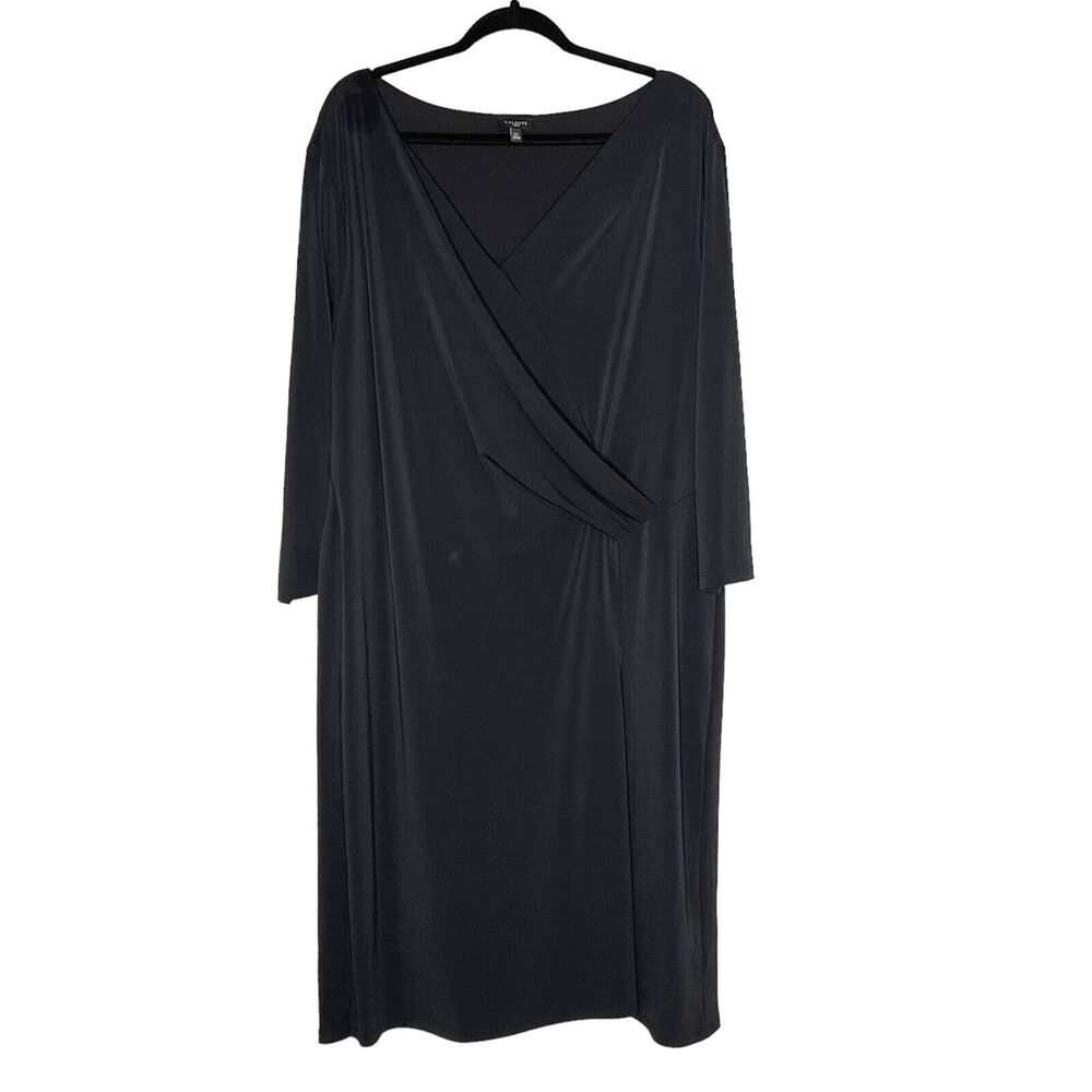 Talbots Size 2X Faux Wrap 3/4 Sleeve Stretch Knit Midi Dress Black